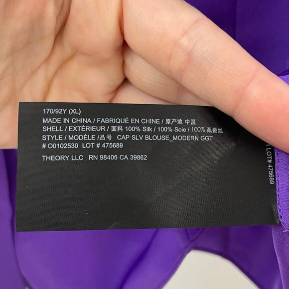 NWT Theory XL Cap Sleeve Blouse Top 100% Silk Georgette Bright Peony Purple - Picture 11 of 13